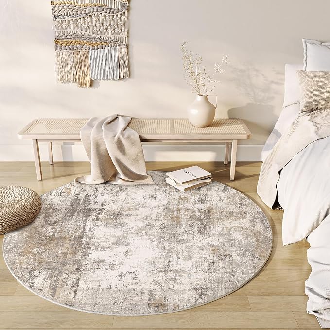 6x6 Washable Round Rug Brown Grey Abstract Non Slip Soft Low Pile Circle Rug for Living Room Bedroom Neutral Modern Indoor Carpet for Dining Room Office Entryway Home Decor