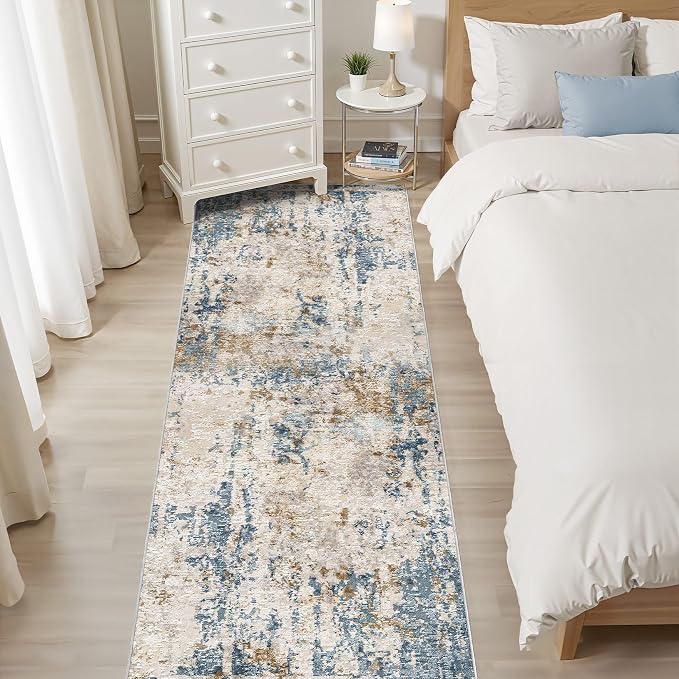 Runner Rug Kitchen Washable Rugs: 3x10 Non-Slip Abstract Soft Modern Stain Resistant Indoor Floor Neutral Accent Throw Carpet for Hallway Bathroom Laundry Room Entryway Bedroom- Blue Tan