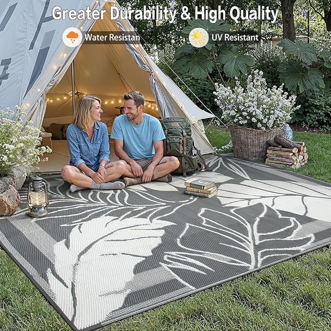 HUGEAR 9'x12' Outdoor Rug Waterproof Plastic Straw Rugs Large Grey Reversible Olive Leaf Mat Floor Carpet for Camping RV Deck Entryance Porch Picnic Balcony Beach Backyard