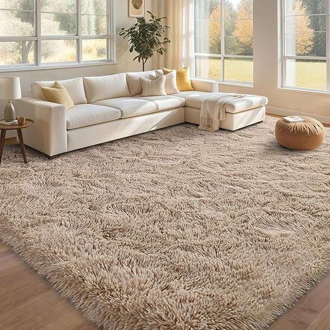 FinRèc 8x10 Feet Rugs for Bedroom Living Room, Tan Fluffy Plush Area Rug, Non-Slip High Pile Shaggy Rug for Kids Room Dorm Room Home Decor, Indoor Solid Shag Floor Carpet