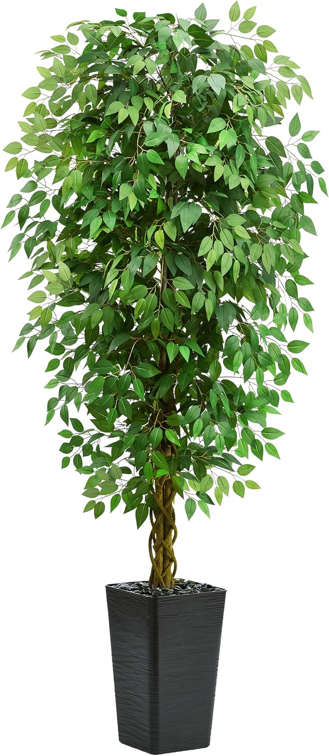 7FT Artificial Ficus Tree, 84 Inch Realistic Faux Silk Ficus Floor Plant with Black Planter & Pebbles, Tall Fake Potted Tree for Indoor Home Office Living Room Corner Decor