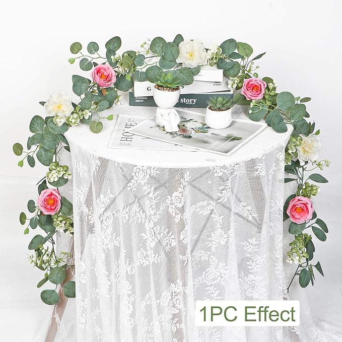 TOCHGREEN 4 Pack Artificial Eucalyptus Flower Garland with White Pink Roses, Fake Rose Flower Greenery Garland Floral Vines for Wedding Home Party Table Runner Decor (White Pink, 4PCS)