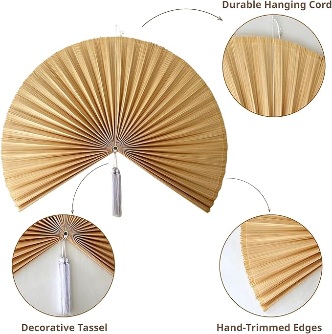 ChumDecor Fan Wall Decor, Japanese Giant Fan, Large Bamboo Fan Wall Art For Boho Hanging Headboard, Decorative Folding Fans For Over Bed, Asia Trending (Ivory 48inch)