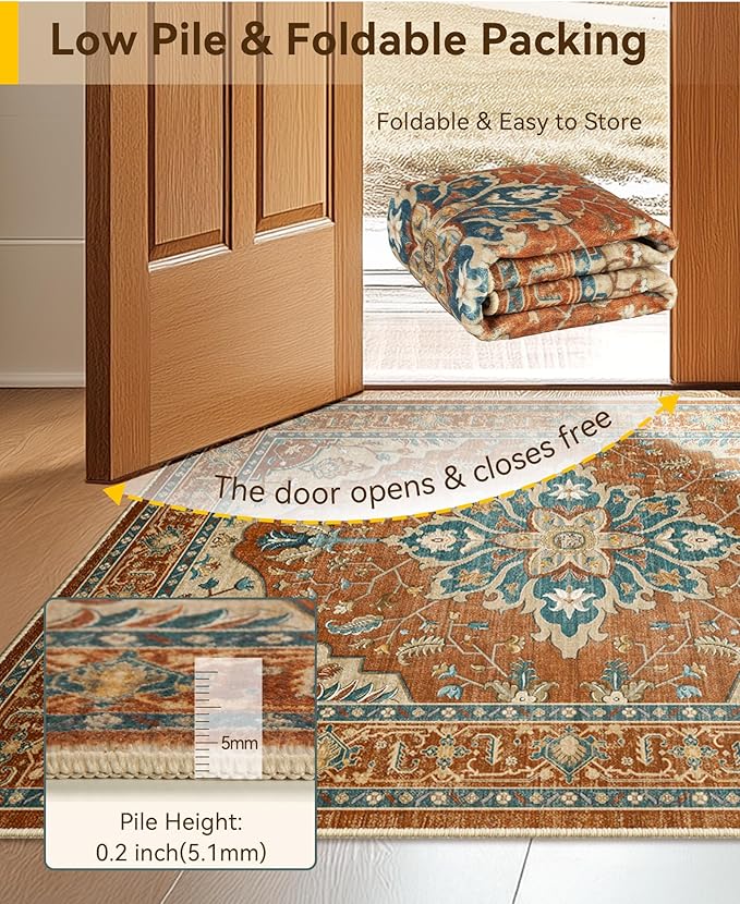 RELEANY Area Rugs Runner 2'6"x5' Washable Non-Slip, Floral Vintage Distress Medallion Carpet for Kitchen Hallway Bedroom Beside Laundry Room Bathroom, Red Orange Blue Brown