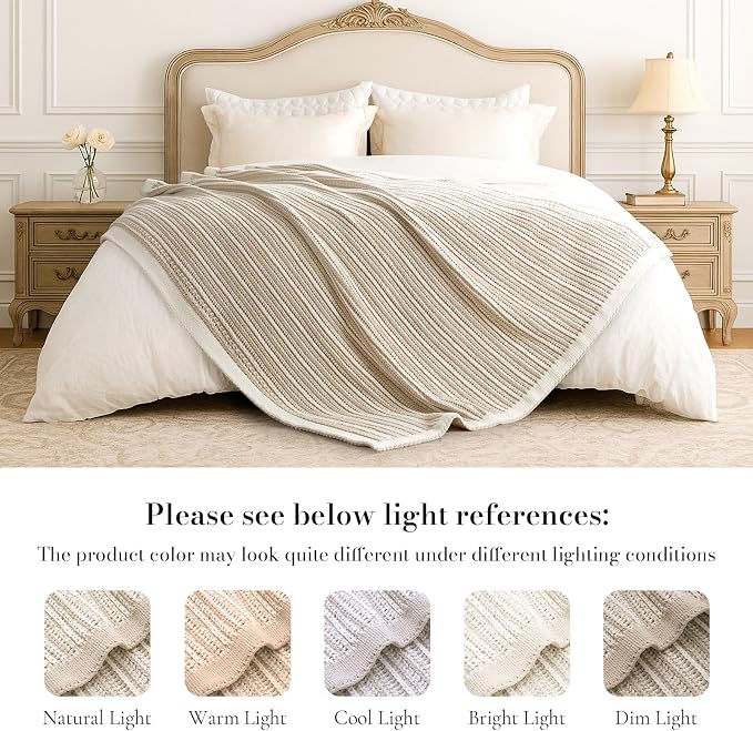 Amélie Home Striped Knit Throw Blanket for Couch, Dual-Sided Soft Chenille Decorative Blankets for Sofa & Chair, 50"x60", Khaki & White