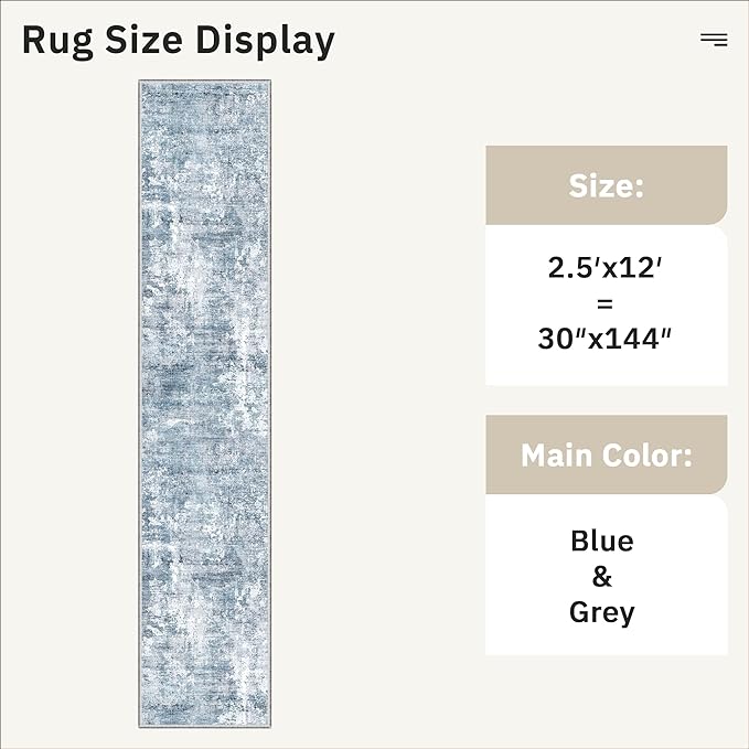 Soalmost Runner Rug 2'6" x 12' Washable Non-Slip 2.5x12 ft Long Runner Rugs for Kitchen Bathroom Laundry Room Vintage Ultra Thin Runners for Hallway Entryway Blue/Grey