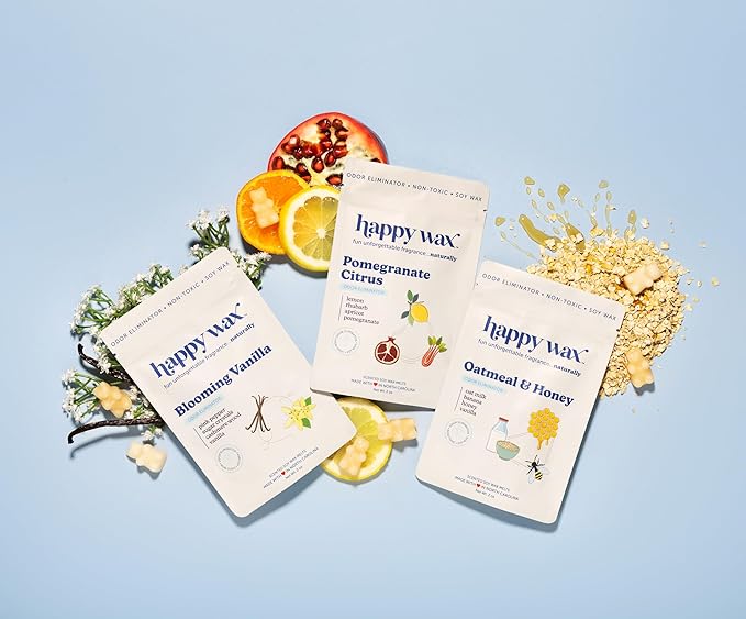 Happy Wax Odor Eliminating Scented Soy Wax Melts – Pet-Safe, Non-Toxic, Use with Wax Warmers - for Home Fragrance & Freshness - 6 Total Oz: Oatmeal & Honey, Pomegranate Citrus and Blooming Vanilla