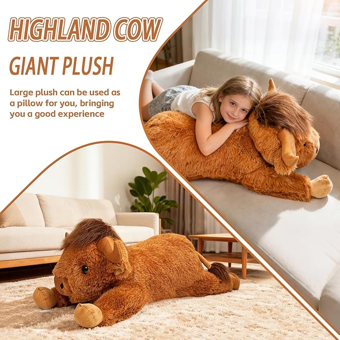 WDXDSOB 38.5 Inch Brown Giant Highland Cow Plush Stuffed Animal - Large Cow Pillow Gift for Kids and Adults, Couch & Bed Decor