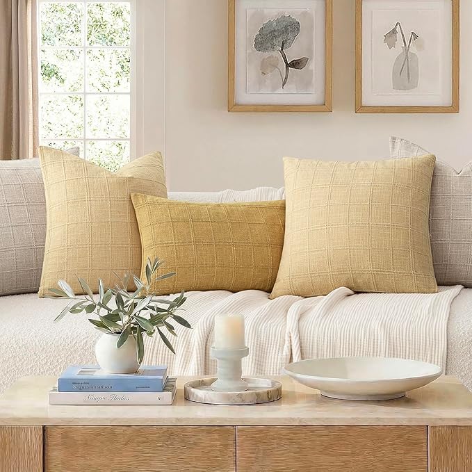 Foindtower Set of 2 Decorative Linen Check Throw Pillow Covers Neutral Farmhouse Vintage Cushion Covers Modern Boho Accent Home Decor for Sofa Chair Couch Bedroom Living Room,20×20 Inch,Light Yellow