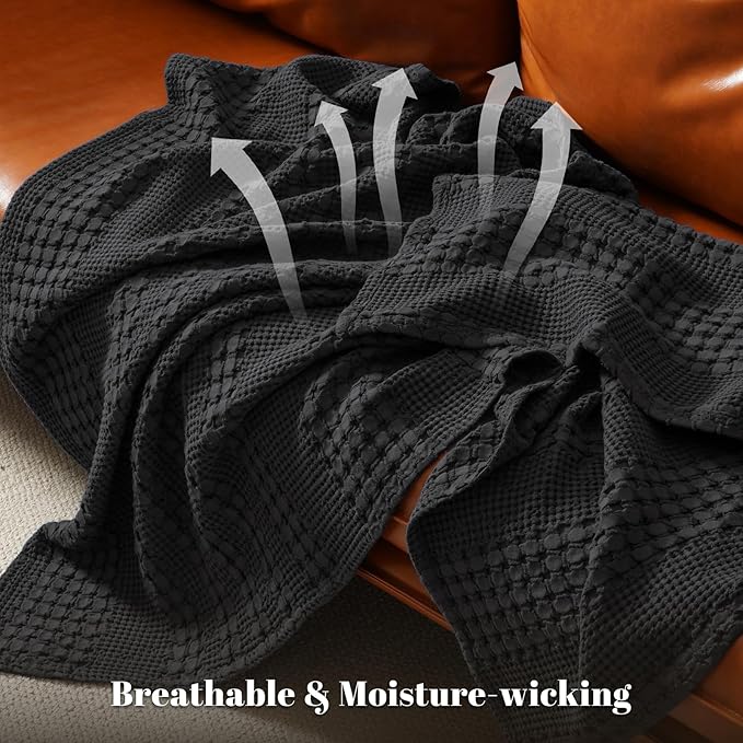 PHF 100% Cotton Waffle Blanket Twin Size for College Dorm, Lightweight Breathable and Soft for Summer, Luxury Aesthetic Waffle Weave Blanket for Bed & Gifts for Women, 66"x90", Black