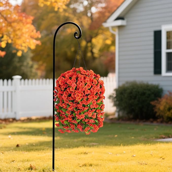Ammyoo Artificial Faux Hanging Flowers Basket for Fall Outdoor Porch Decor, Fake Silk Colorful Morning Glory Eucalyptus in Planter UV Resistant Look Real for Home Balcony Yard(Orange)