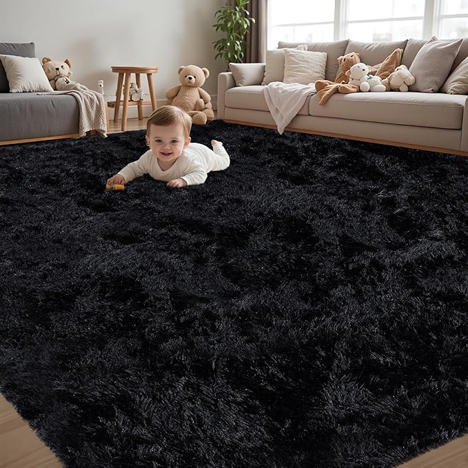 4x6 Area Rug for Living Room:Ultra Soft Fluffy Shag Black Rugs,Large Fuzzy Plush Indoor Non Slip Carpet Washable Rug for Bedroom Kids Nursery Office Dorm Modern Decor(Black 4'x6')