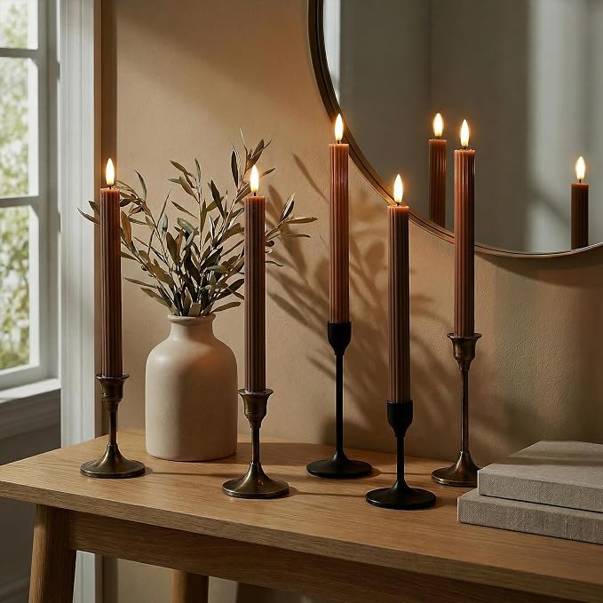 6 Pack, 10" LED Flameless Real Wax Brown Tan Fluted Ribbed Grooved Taper Candles, Remote & 24h Timer Memory, On/Off Button, Dimmable, Flicker Mode, Battery Operated, Wedding