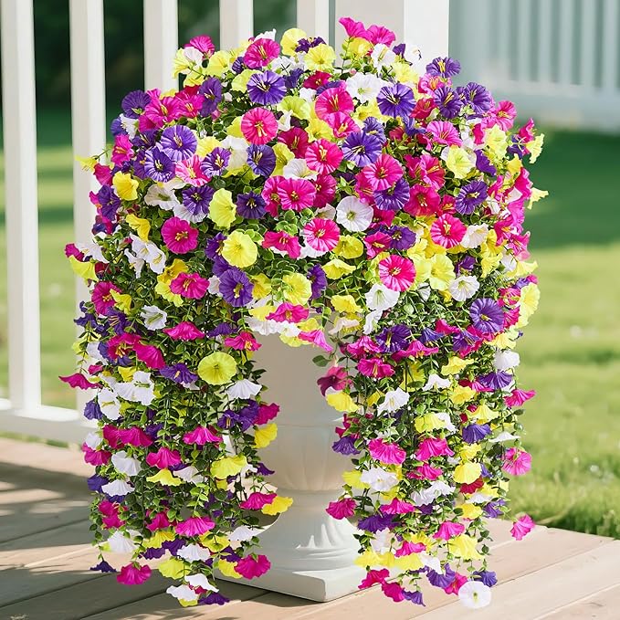Serwalin Artificial Hanging Flowers for Outdoors Decoration,8PCS UV Resistant Fake Silk Artificial Outdoor Plants for Porch Patio Balcony Indoor Planter Garden Yard Decor (Summer Color,8PCS)