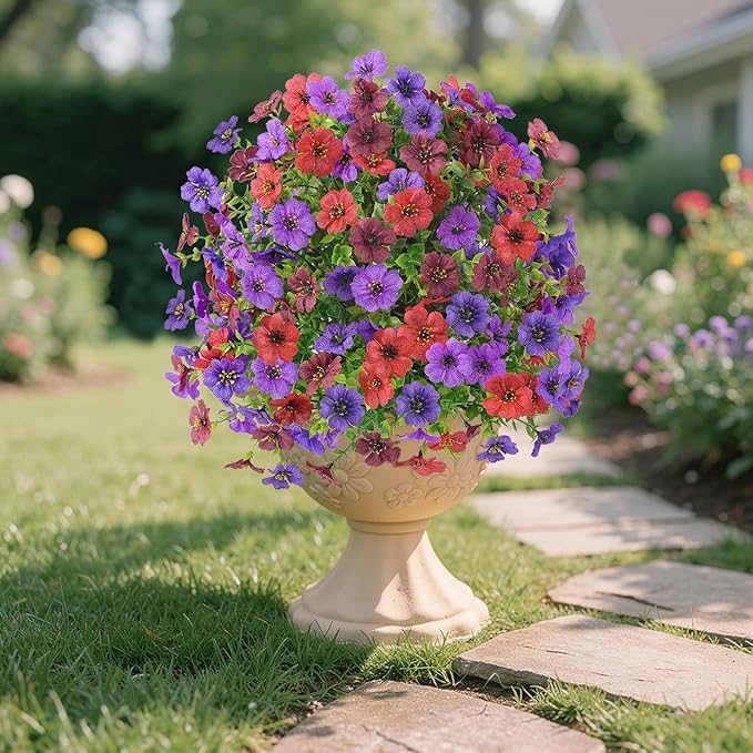 Alupssuc 2Pcs 20" Artificial Topiary Ball Flowers, Spring Outdoor Decoration with Spike, UV Resistant Faux Summer Plants, Faux Bushes Plants, Red Brown Purple Deep Purple for Garden, Porch Decor