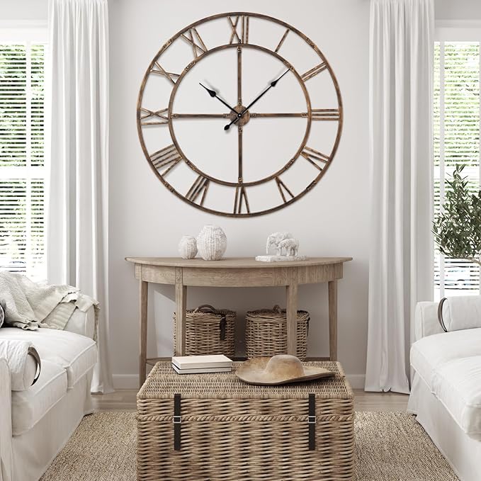 Large Wall Clock for Living Room Decor – 48 Inch Knocked-Down (KD) Silent Non-Ticking Modern Farmhouse Wall Clock, Oversized Decorative Metal Roman Numeral Clock, Bronze