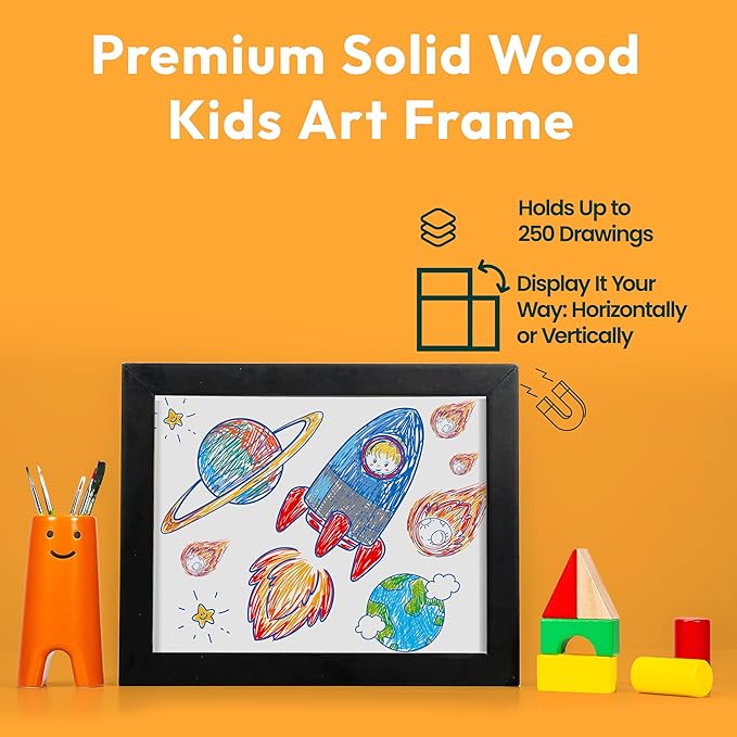 Magnetic Kids Art Frame 8.5x11 – Lift-Top Real Wood Artwork Display & Storage – Strap-Free Changeable Frame Holds 250 Drawings – Freestanding or Wall Mounted - Black