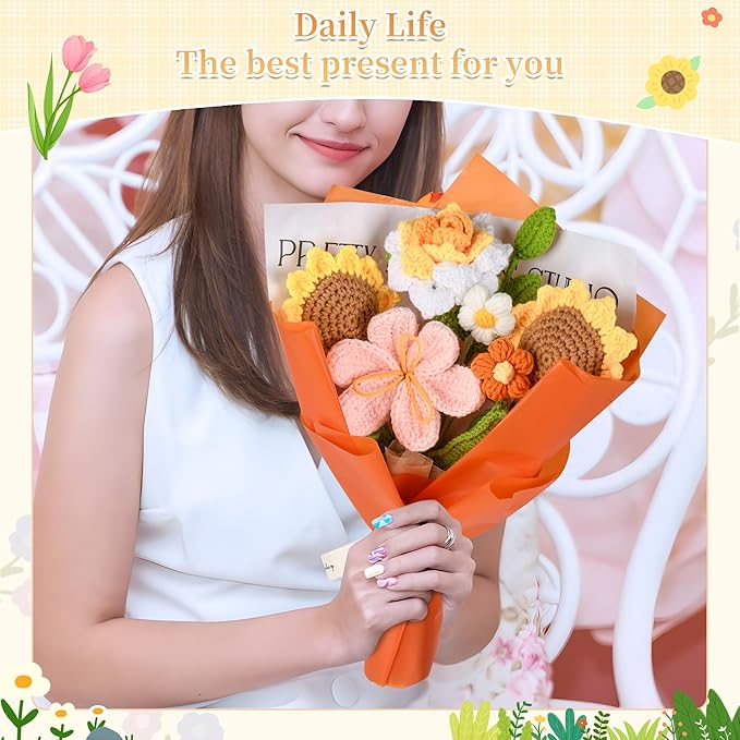 Crochet Flower Bouquet, Orange Crochet Flowers for Mother's Day, Crochet Sunflowers Tulips Roses Bouquet for Valentines Day, Weddings Birthdays Home Decor Gift for Women Moms Wife Friends