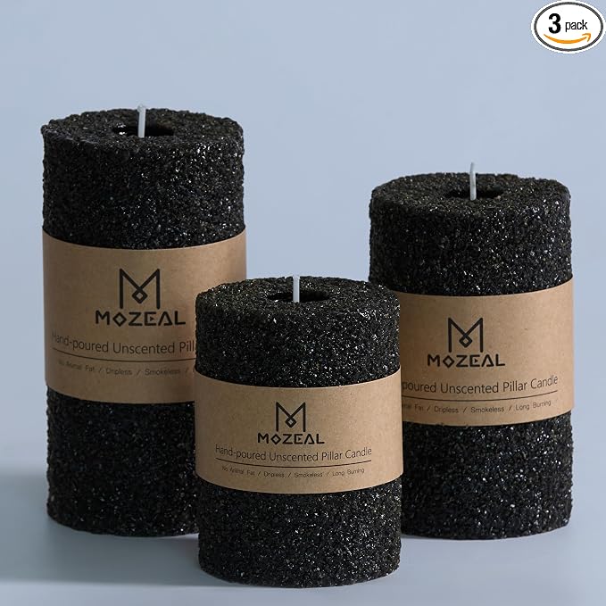 MOZEAL Hand-Poured Granular Texture Decorative Black Pillar Candles Set of 3 (3"x4", 5", 6"),Approx 300 Hours Burn Time Dripless, Unscented, Smokeless, for Halloween