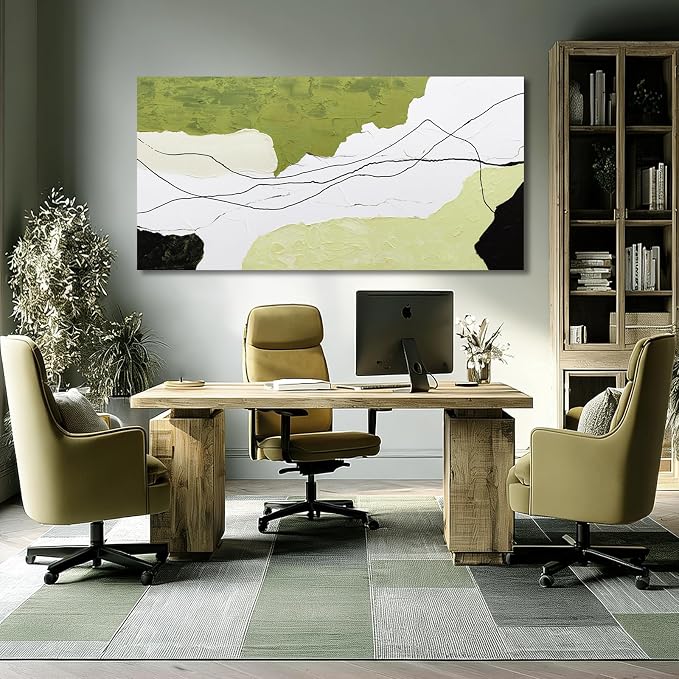 Dolidoteart Green White Black Canvas Wall Art, Hand Painted Abstract Oil Painting, Large Modern Wall Decor for Living Room Bedroom Office, Horizontal 24x48 Inch