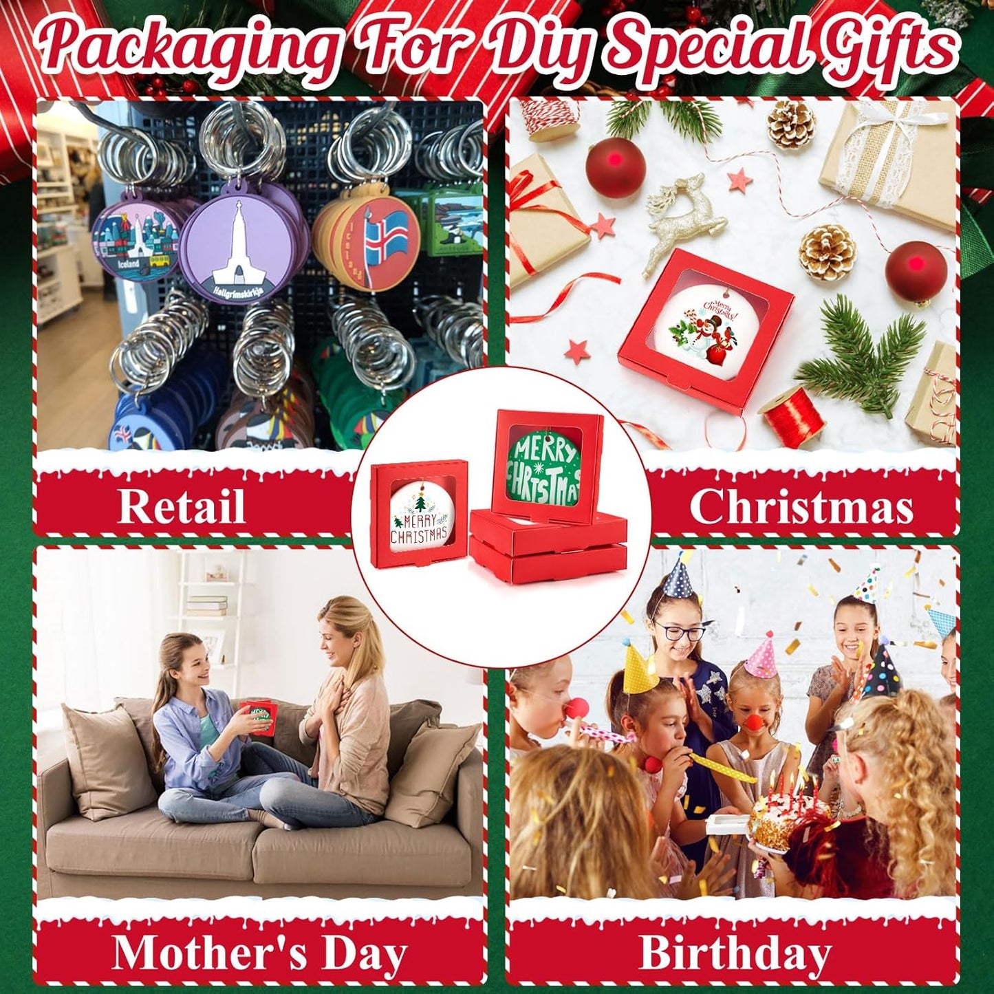 25 Pcs Sublimation Ornament Blanks Box 3.6"x3.6"x0.7" Christmas Ornaments Holder Ceramic Discs Packaging Box with Window for Personalized Xmas Tree Blanks Bulk (Red)