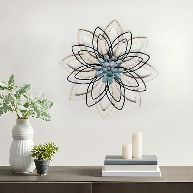 Remenna Metal Flowers Wall Decor, Metal Rustic Wall Art Decoration Farmhouse Wall Decorations Multiple Floral Hanging Decor for Bathroom Living Room Home Office Garden Kitchen (white & blue)