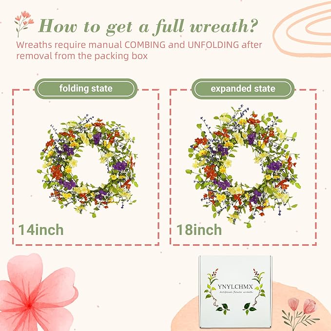 YNYLCHMX 18" Spring Summer Wreaths for Front Door, Artificial Floral Wreath with Colorful Wild Flowers Dicotyledons Berries, Green Foliage Wreath for Wall Window Farmhouse Party Holiday Home Decor