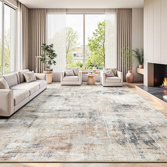 Lofus 9x12 Area Rug for Living Room,Gold Abstract Large Rugs with Non-Slip Backing, Neutral Modern Washable Carpet for Bedroom Dining Room Home Office Nursery Indoor