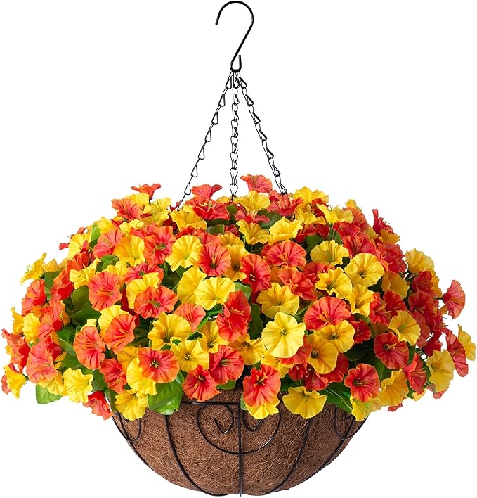 Ammyoo Artificial Hanging Flowers with Basket, Faux Silk Petunias Flower Arrangement, Coconut Lining with Morning Glories Fake Plants Patio Garden Porch Deck Fall Decor(Orange Yellow)