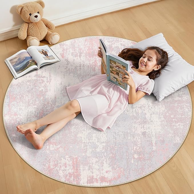 RELEANY Washable Area Rugs 4ft Non-Slip Modern Abstract Soft for Living Room Entryway Bedroom Nursery, Print Pattern, Grey Pink