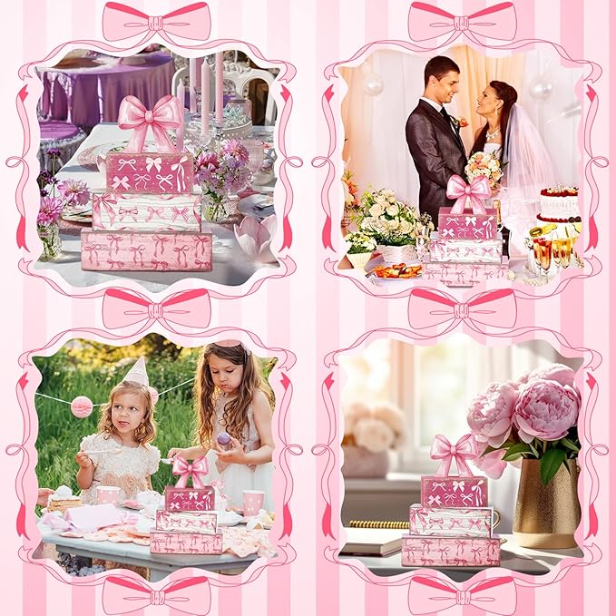 Conelist 4 Pcs Pink Bow Room Decoration Galentines Coquette Gift Pink Bow Block Sign Centerpiece for Table Gift for Teen Girl Birthday Bachelorette Bridal Wedding Baby Shower Valentines Party Supplies