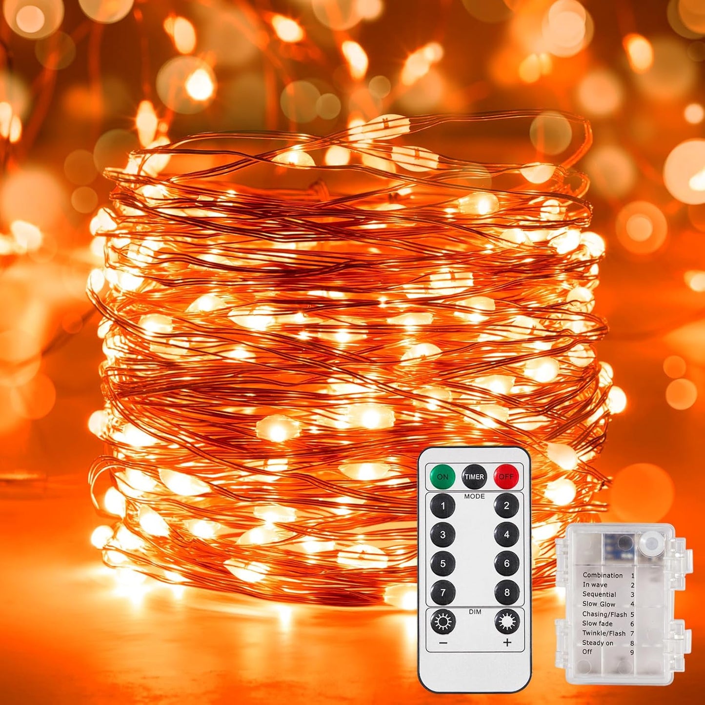 4 Pack 65.6 Ft. Battery Operated Outdoor String Lights with Remote & Timer, LED Orange Fairy Lights, Waterproof Twinkle Lights for Bedroom, Dorm, Mason Jar, Wedding, Party, Christmas