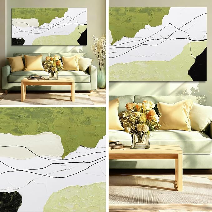 Dolidoteart Green White Black Canvas Wall Art, Hand Painted Abstract Oil Painting, Large Modern Wall Decor for Living Room Bedroom Office, Horizontal 24x48 Inch