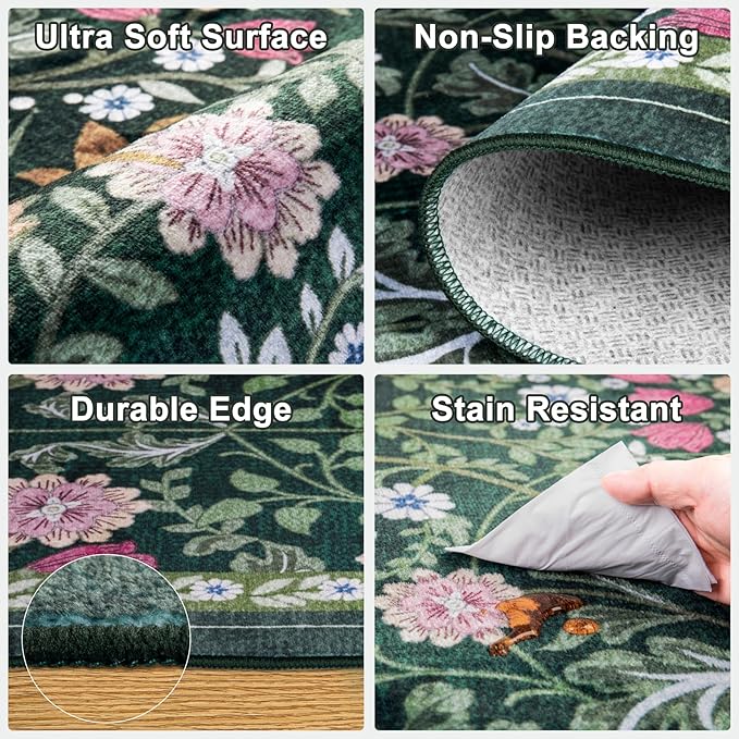 Runner Rug for Entryway: 2.6x10 Kitchen Rugs Non Slip Washable Ultra-Thin Soft Floral Carpet Indoor Floor Stain Resistant Carpets for Hallway Bedroom Kitchen Laundry Bathroom Dorm Dark Green