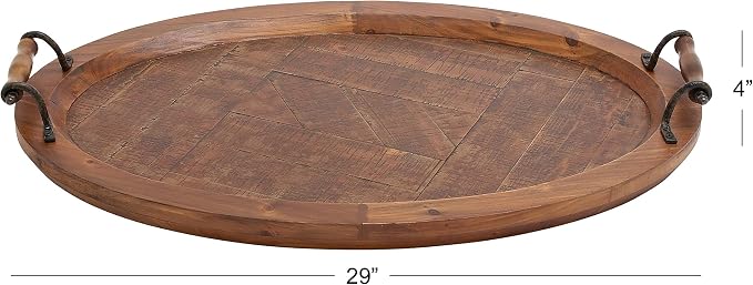Deco 79 Wood Living Room Decor Tray Large Oval Ottoman Tray with Scroll Metal Handles, Serving Tray 29" x 19" x 4", Brown | Living Room Decor Large Oval Ottoman Tray With Scroll Metal Handles Serving Tray