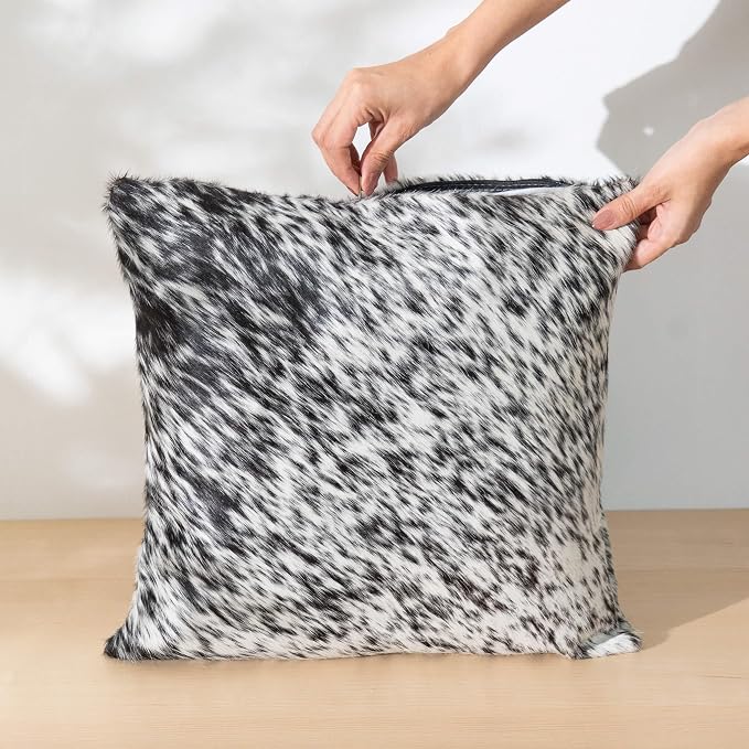 ecowhides 100% Genuine Brazilian Cowhide Pillow Cover – Black Salt and Pepper – Single-Sided – Luxury Leather Decorative Cushion for Rustic & Western Home Décor – 20” x 20”