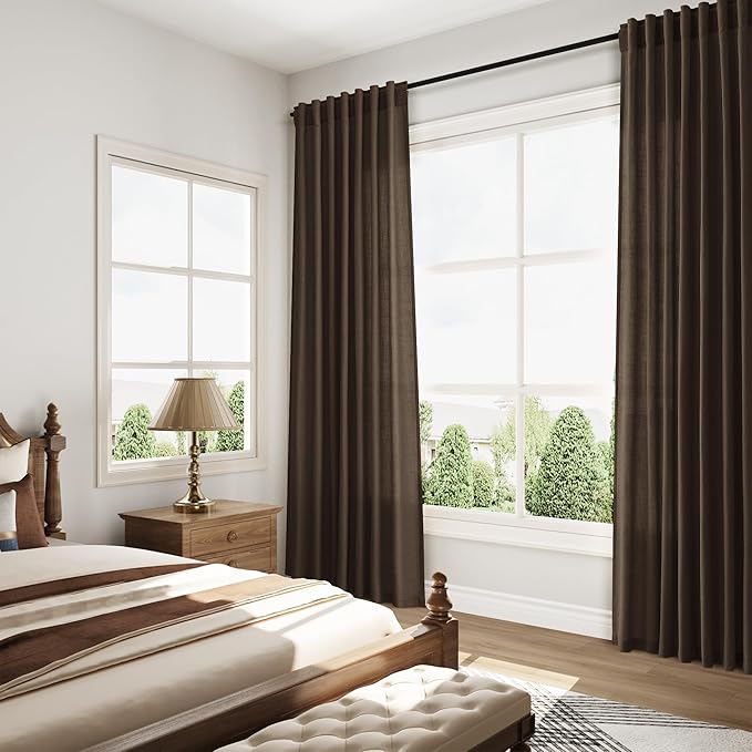 Nanspring Chocolate Linen Curtains 84 Inch Length 2 Panels Set for Living Room Back Tab Light Filtering Semi Sheer Curtain for Bedroom Farmhouse Drapes, 52x84 Inch, 2 Panels