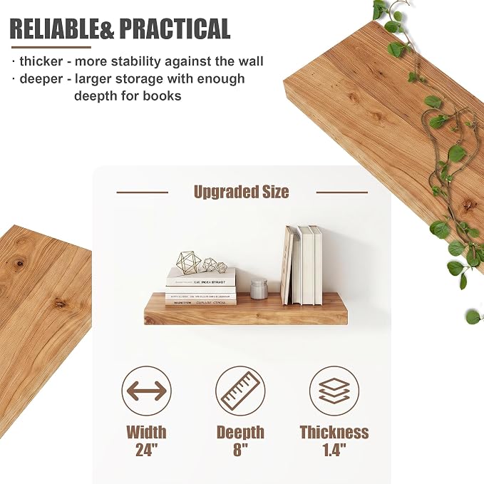 FLYJOE Floating Shelves for Wall, USA-Sourced Elm Wood 24 Inch Wall Shelves Set of 2, Natural Wooden Mounted Picture Ledge Shelf, Nursery Book Storage Shelf Kids Bookshelf Display, Shelf for Bathroom
