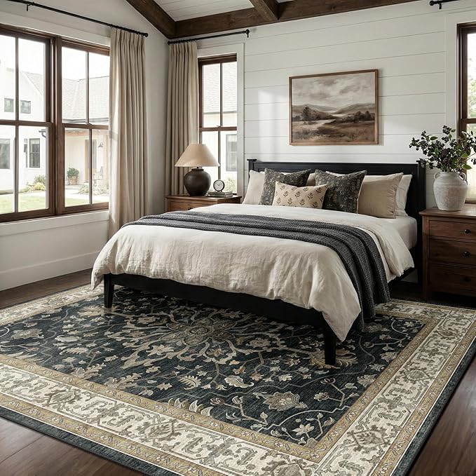 RELEANY Area Rugs 8'x10' Washable Non-Slip, Floral Vintage Distress Print Pattern Medallion Carpet for Living Room Bedroom Dining Room, Vintage Black Brown Neutral