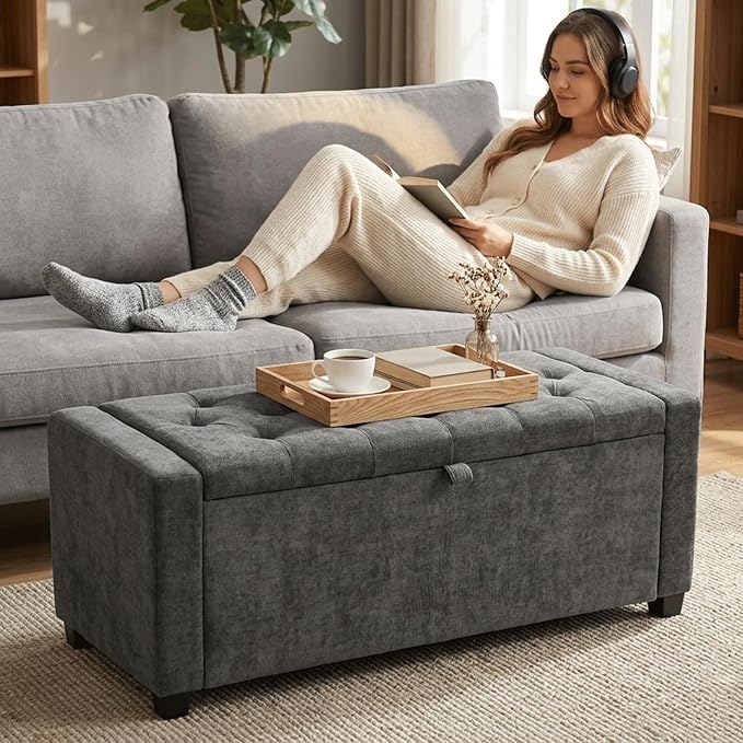 47" White Ottoman Bench, Comfort Bed End Storage Bench for Living Room | Versatile design works as a coffee table or footstool; easy assembly, sturdy structure, and comfortable padded cushion.