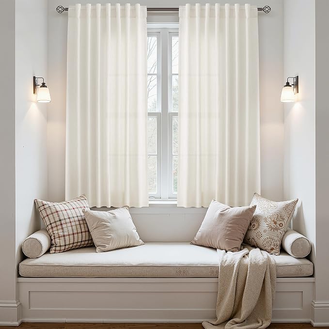 Nanspring Short Linen Curtains Cream Kitchen Back Tab Semi Sheer Curtain Light Filtering Rustic Small Cute Linen Drapes for Living Room, Cafe, Set of 2 Panels, 50 x 54 inches Long, Natural