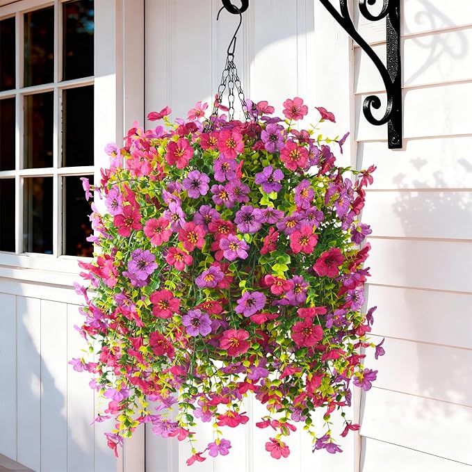 Artificial Flowers Hanging Baskets, 4 Bundles Outdoor Hanging Basket Spring Summer Decoration, No Fade Realistic Fake Flowers Plants for Porch Patio Balcony Home Yard Decor(Light Purple Red)