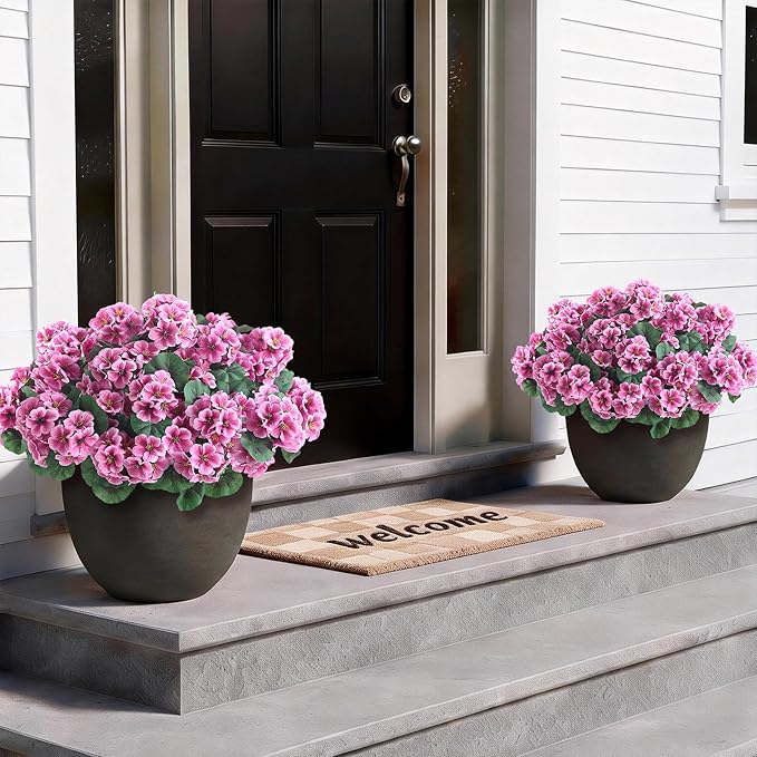 GLIDLION 12 Bundles Artificial Geranium Flowers for Spring Summer Decor, UV-Resistant Fake Plants Realistic Faux Silk Bouquets for Front Door Farmhouse Garden Porch Home Outdoor Decor (Pink)