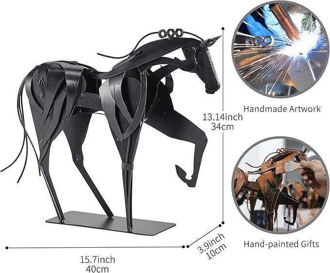SunBlogs Art Metal Horse Statue Décor, Handmade & Hand-Painted Modern Western Horse Decoration, Rustic Iron Sculpture Gifts for Home Office for Horse Lovers
