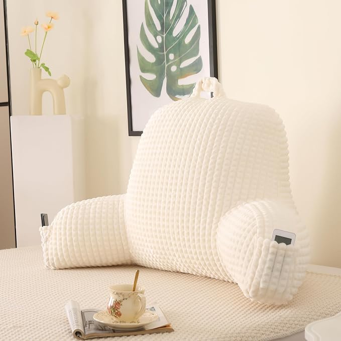Reading Pillow with Arms for Bed Sitting,White Flannel | Large Supportive Backrest Helps Ease Neck,Shoulder & Arm Strain While Gaming Reading or Watching TV