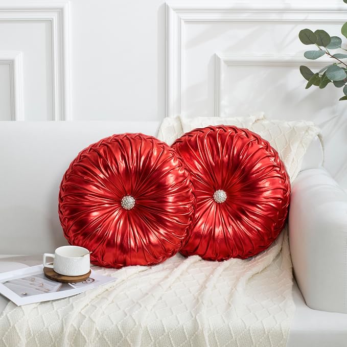 HIG Set of 2 Handcrafted Red Ruched Round Throw Pillows – 14.5’’ Metallic Leather Decorative Pillows with Soft Polyester Filling for Couch, Bed, Living Room, Bedroom, or Dorm