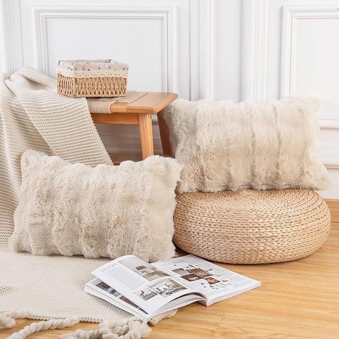 MADIZZ Pack of 2 Thick Plush Faux Wool Throw Pillow Covers Soft Boho Throw Pillows Luxurious Cushion Covers for Couch Sofa Bedroom Living Room Home Decor 12x20 Inch Beige