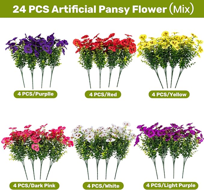 24 Pcs Artificial Fake Pansy Flowers for Outdoor,Faux Silk Plants Flowers UV Resistant Pansies Spring Flowers for Planter Front Door Porch Yard Patio Garden Window Box Home Decor(6 Color)
