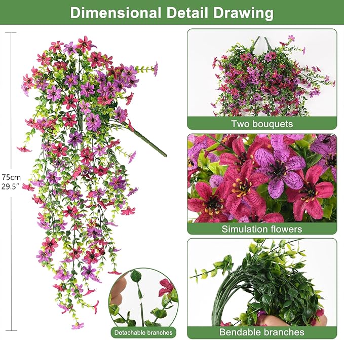 Artificial Fake Hanging Flowers Plants for Outdoor Spring Summer Decoration,2 PCS Faux Silk Daisy with Eucalyptus Leaves,UV Resistant Look Real for Outside Home Planter Porch Patio Balcony Yard Decor
