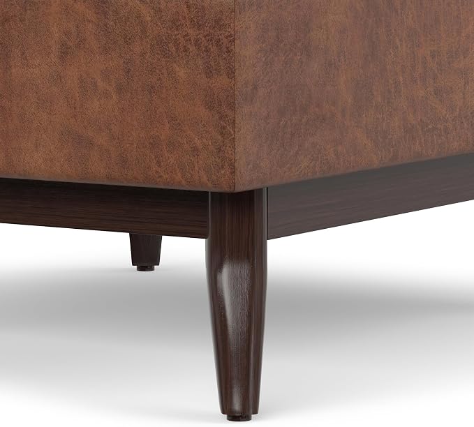 SIMPLIHOME Owen Coffee Table Storage Ottoman - 34" Wide x 19" High Upholstered Vegan Leather Rectangular Lift-Top Ottoman in Distressed Saddle Brown, Mid-Century Modern Bench with Tapered Legs